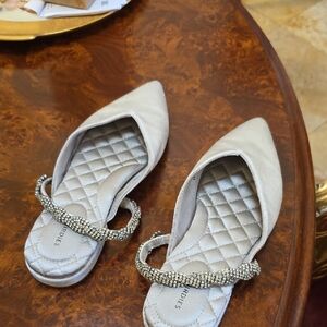 BIRDIES Elegant Women's Cream Flats with Rhinestone Strap